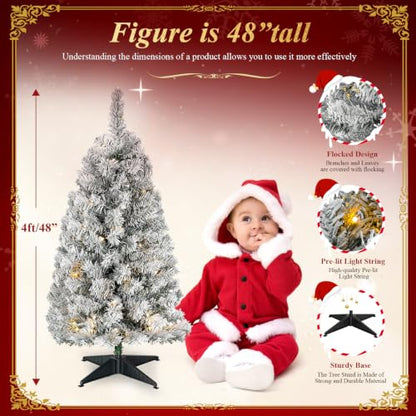 Okicoler 4ft Pre-Lit Flocked Artificial Christmas Tree with 80 LED Lights, 11 Modes, White Snow Finish
