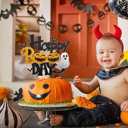 Halloween Cake Topper Black Glitter Boo Day with Castle Witch Pumpkin Ghost Bat - Color 3