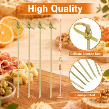 1200 Pcs Bamboo Cocktail Picks with Green Looped Knot - Food Skewers for Parties