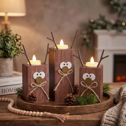 Set of 3 Rustic Wooden Reindeer Candle Holders for Christmas Decor