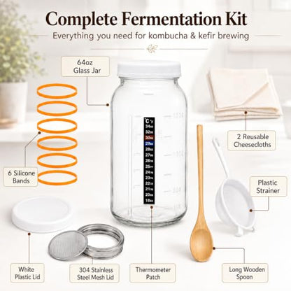 64 oz Kefir Starter Kit with Glass Fermentation Jar & Strainer