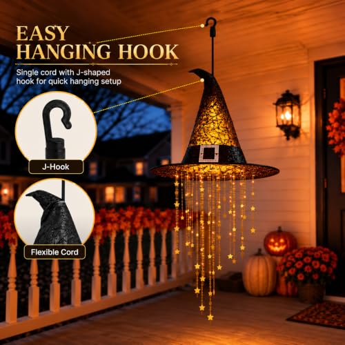 Halloween Hanging Witch Hat with Lights - Black 1PC with Cascading Star Tassels