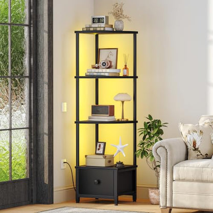 Corner Shelf Stand with LED Light and Drawer - Black, 11.8 x 11.8 x 51.6 inches