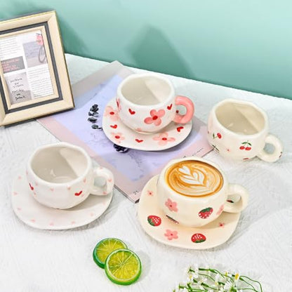 Irregular Ceramic Mug with Saucer - 10oz Strawberry Flower Latte Cup - Handcrafted