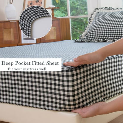 Queen Size Washed Cotton Sheet Set with Gingham Ruffle - Black & White