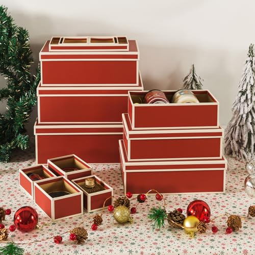 Christmas Gift Boxes with Lids Set of 10 - Festive Red Holiday Packaging