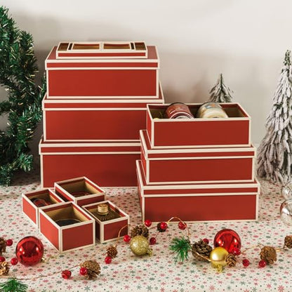 Christmas Gift Boxes with Lids Set of 10 - Festive Red Holiday Packaging