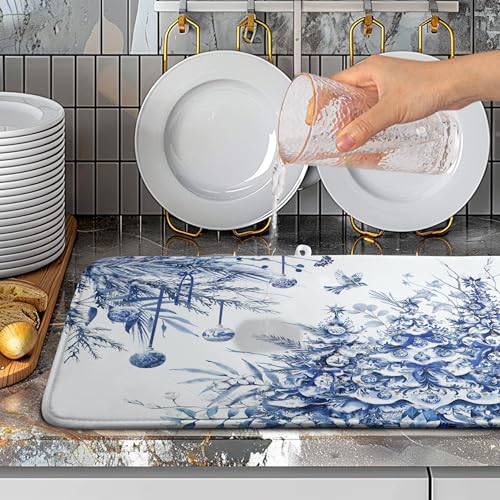 Christmas Tree Dish Drying Mat for Kitchen Counter 18x24 Inch Blue White Chinoiserie - Winter Holiday Absorbent Microfiber Reusable Drainer Pad