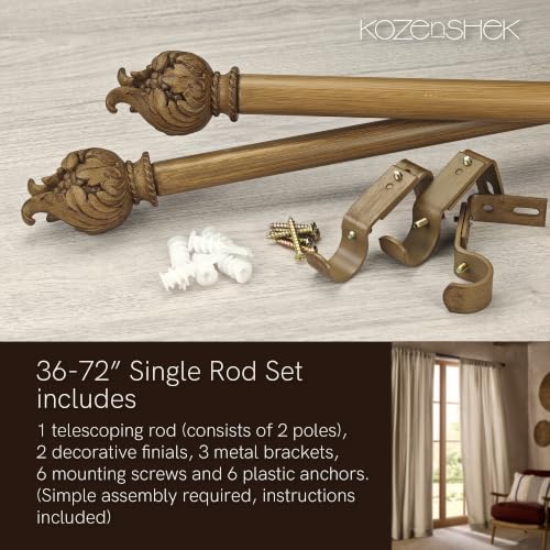 Faux Wood Curtain Rod: 36-72-Inch Telescoping Heavy Duty Window Rod - KozenSHeK