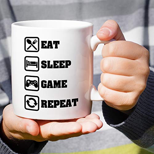 White Ceramic Gamer Mug 11 Oz - Eat Sleep Game Repeat - Funny Coffee Cup