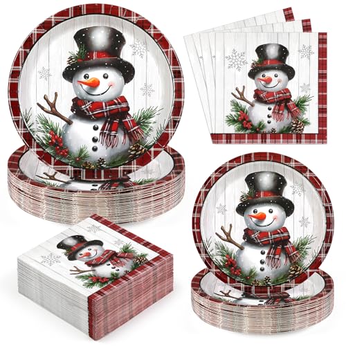 Homlouue Snowman Christmas Paper Plate and Napkin Set - 50 9-Inch Heavy Duty Disposable Dinner Plates for Holiday Party - Variation of Snowman