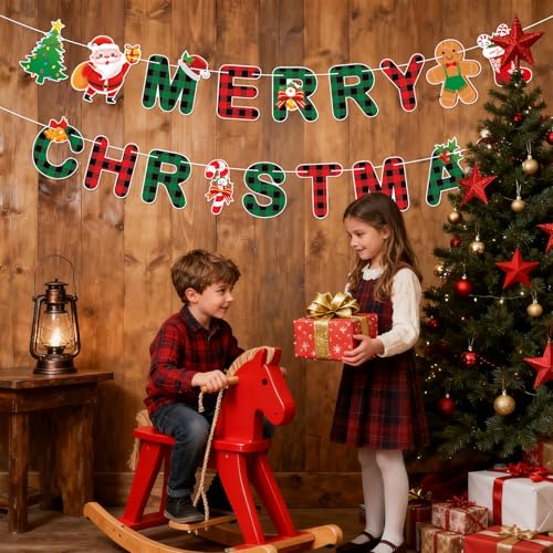 Christmas Banner with Santa Gingerbread & Tree Patterns - Red Green Buffalo Plaid Holiday Decor