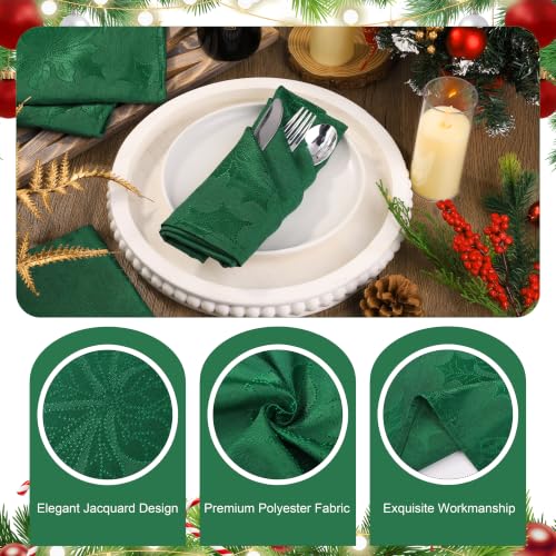 Green Jacquard Christmas Napkins Set - 12 Pieces, 18x18 Inches | Holiday Table Decor