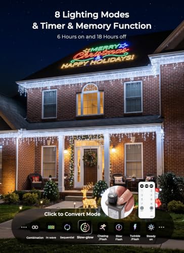 Pure White 40Ft Waterproof Icicle Christmas Lights with Remote & Timer - Connectable Outdoor String Lights with 8 Modes