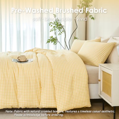 Queen Gingham Comforter Set - Yellow Checkered Bedding for Bedroom Decor