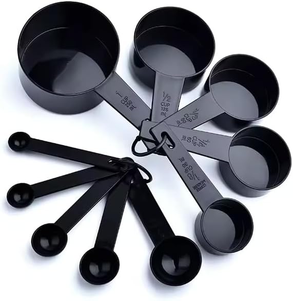 Ovenza Measuring Cups and Spoons Set - 10-Piece Plastic Kitchen Tools for Baking | Black Color