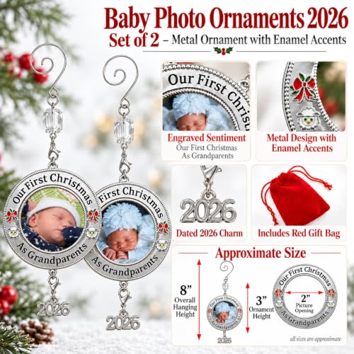 Medium Set of 2 Christmas Photo Ornaments - Our First Grandparents 2026 with Red Bow & Lamb Accents