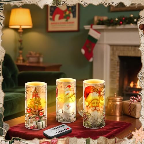 Retro Christmas Flameless Candles Set with Remote Timer - Real Wax LED Pillar Candles, White, 3 Pieces