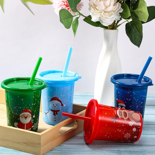 Christmas Plastic Cups with Straws and Lids - 10 Oz 12 Pack