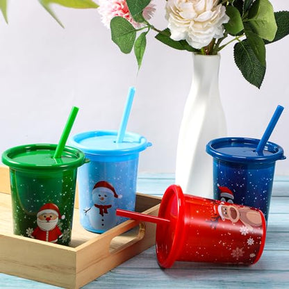 Christmas Plastic Cups with Straws and Lids - 10 Oz 12 Pack