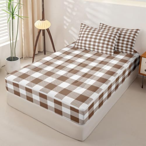 Plaid Zipper Comforter Set Twin Size - Brown White Bedding with Fitted Sheet & Pillowcases