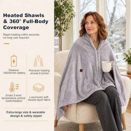 Cordless Heated Blanket with 16000mAh Battery and Fleece Lining - Gray