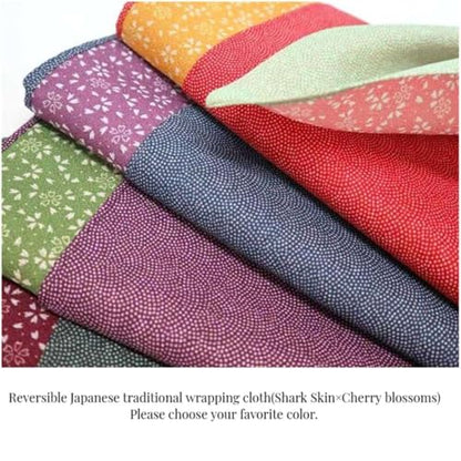 Large Reversible Furoshiki Japanese Wrapping Cloth 27.6 Inch Cherry Blossom Design Leaf Green & Pink - Eco Gift Wrap & Bento Bag