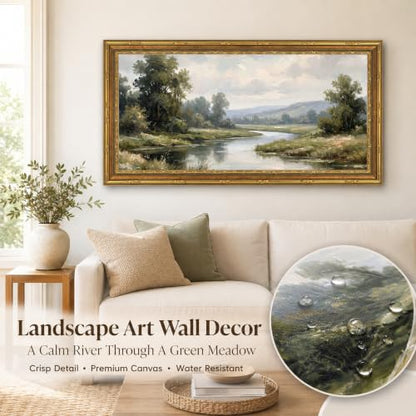 Large Framed Rustic River Landscape Wall Art - Vintage Countryside Scene, 20x40in - River / Framed / 20"L x 40"W