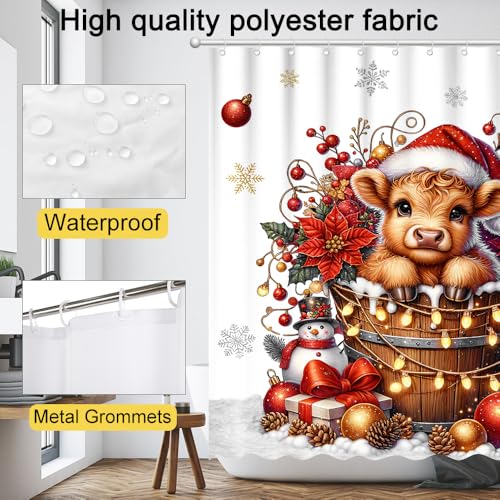 Christmas Highland Cow Shower Curtain 72x72 Inches with Hooks - Rustic Farmhouse Bathroom Decor