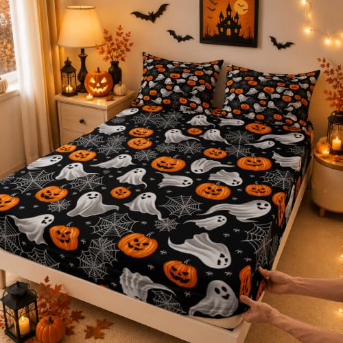 Halloween Ghost Bed Sheets Set Queen Size Deep Pocket Bedding with Pumpkin & Spider Web - Dark Gray/Black