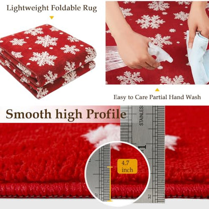 Red Snowflake Christmas Area Rug 5x7ft Washable Non-Slip Indoor Carpet - HUGEAR