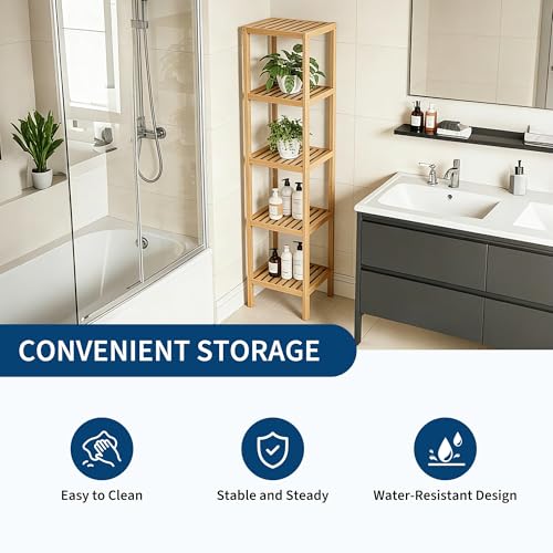5 Tier Waterproof Bamboo Storage Shelf - Natural Finish, Wall-Mountable, Space-Saving Organizer - Variation of 5 Tier-wood