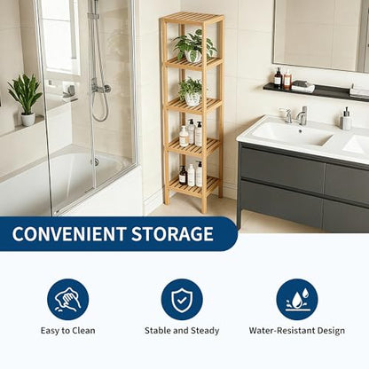 5 Tier Waterproof Bamboo Storage Shelf - Natural Finish, Wall-Mountable, Space-Saving Organizer - Variation of 5 Tier-wood