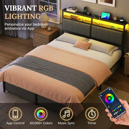 Queen Bed Frame with Storage Drawers and Charging Station - Grey, Queen Size