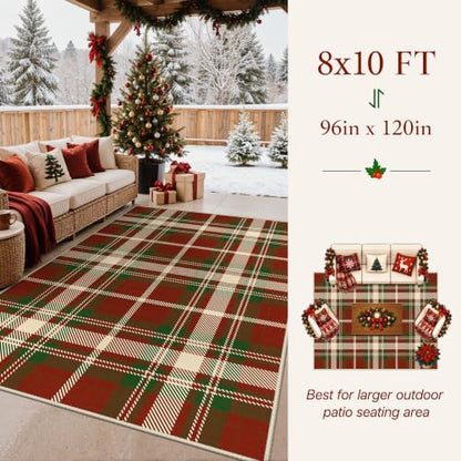 Outdoor Washable Area Rug 8x10 Feet - Red Checkered, Quick Dry for Patio & Entryway - Christmas Red, Non-Slip Backing