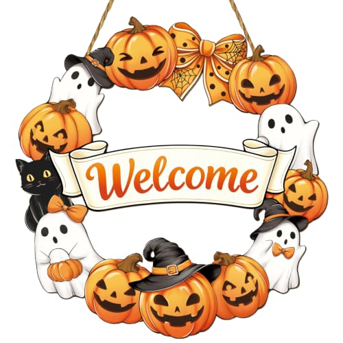 Halloween Wreath Door Decor with Pumpkin and Ghost - Fall Front Door Hanging