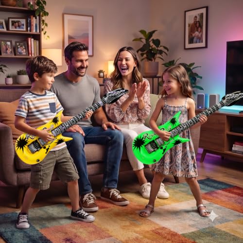 Inflatable Guitar Party Props Set - 9 Bright Color Blow Up Guitars with Pump