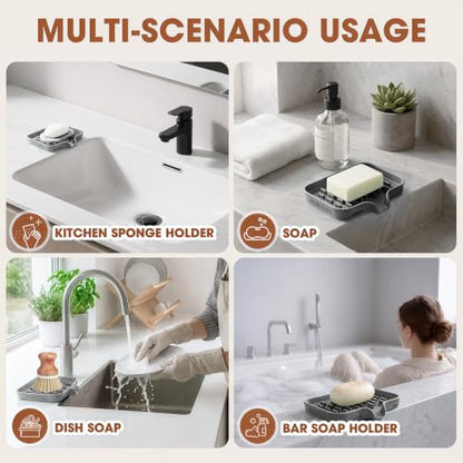Silicone Soap Dish with Drainage Holes - Gray 2-Pack, Non-Slip Bathroom & Kitchen Organizer