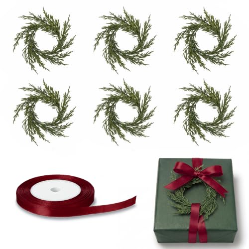 Mini Christmas Wreath Gift Topper Set - Cedar, 6 Pcs 1.97'' Holiday Decor