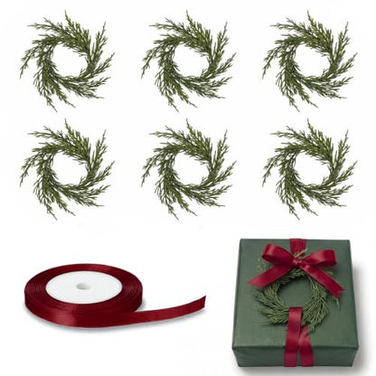 Mini Christmas Wreath Gift Topper Set - Cedar, 6 Pcs 1.97'' Holiday Decor