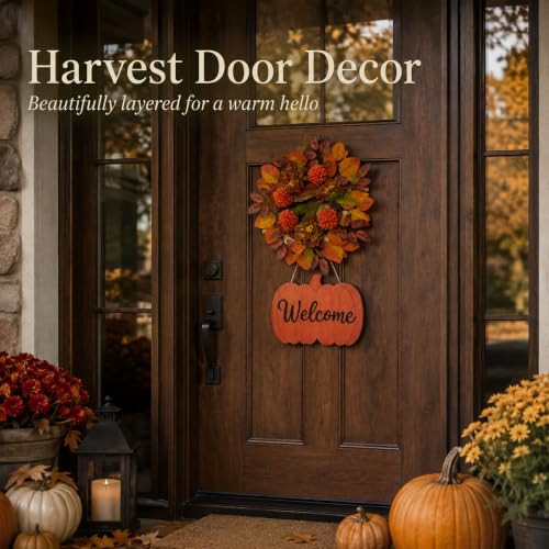 Fall Wreath with Pumpkin Welcome Sign for Front Door - Autumn Harvest Decor