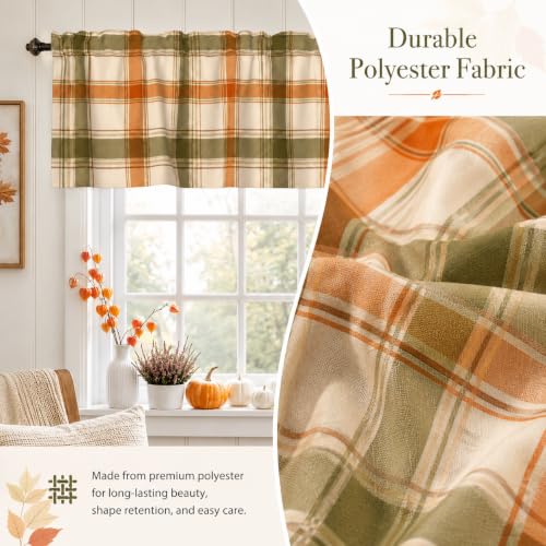 Fall Plaid Window Valance Curtains 54x18 Inch - Orange Green Checkered Farmhouse Style