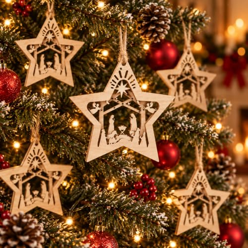 Christmas Nativity Scene Wooden Ornaments Set - Star Shaped, 12 Pieces