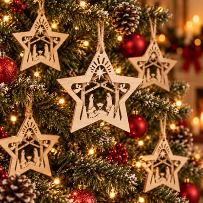 Christmas Nativity Scene Wooden Ornaments Set - Star Shaped, 12 Pieces