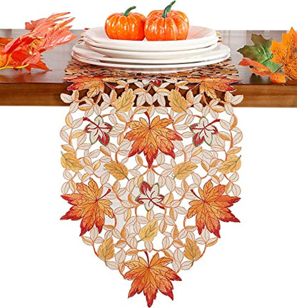 Fall Halloween Table Runner 13x36 Inches with Embroidered Pumpkins and Maple Leaves - Autumn Decor