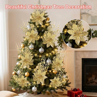 Christmas Glitter Berry Stem Set - Gold 2 Styles, 17.5 Inch Holiday Decor