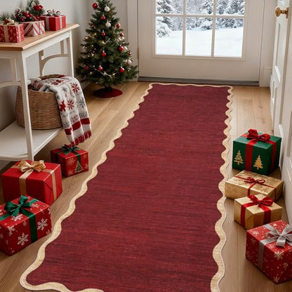 Christmas Red Washable Runner 2x6 Non-Slip Kitchen Rug with Scalloped Edges - Holiday Decor