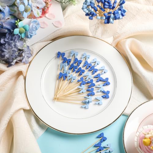 Blue Bow Bamboo Cocktail Picks 4.7 Inch - Party Food Skewers for Boy Baby Shower MD01