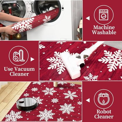 Christmas Snow Pattern Area Rug 9x12 Red Non-Slip Low Pile Indoor Rug for Living Room & Bedroom - Snow Variation