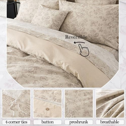 FADFAY Full Size Taupe Mocha Floral Duvet Cover Set – 3-Piece Cotton Bedding